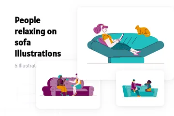 People Relaxing On Sofa Illustration Pack