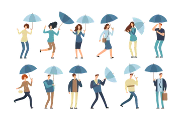 People With Umbrella In Rainy Day Illustration Pack