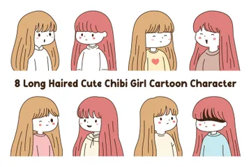 Personagem de menina chibi fofa de cabelo comprido Pacote de Ilustrações