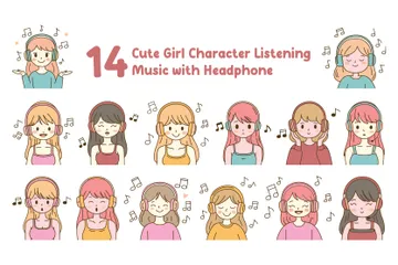 Personagem de menina fofa ouvindo música com fone de ouvido Pacote de Ilustrações