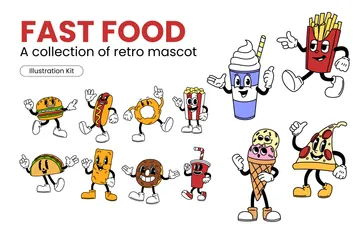 Personagens de mascote de fast food retrô Pacote de Ilustrações