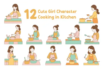 Lindo personaje de niña cocinando en la cocina Paquete de Ilustraciones