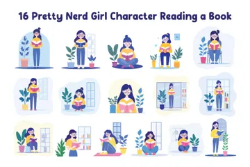 Personaje de una linda chica nerd leyendo un libro Paquete de Ilustraciones