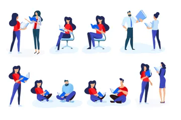 Personas en diferentes poses leen un libro Paquete de Ilustraciones