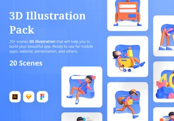 Personnage 3D avec une scène différente Pack d'Illustrations