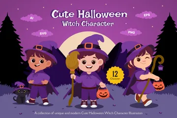 Personnage mignon de sorcière d'Halloween Pack d'Illustrations