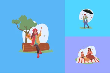 Personnages faisant des activités le jour de l'automne Pack d'Illustrations