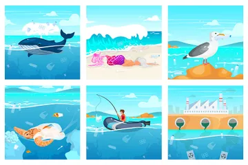 Plastic Pollution In Ocean Illustration Pack