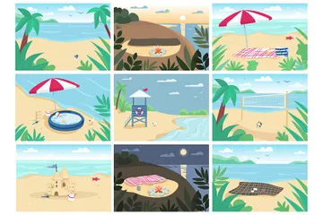Mar y playa de arena tropical Paquete de Ilustraciones