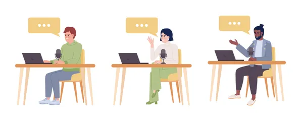 Podcasters With Laptops Sitting At Tables Illustration Pack