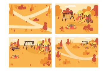 Public Park In Fall Time Illustration Pack