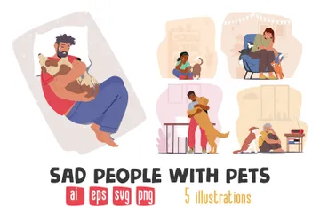 Sad People With Pets Illustration Pack