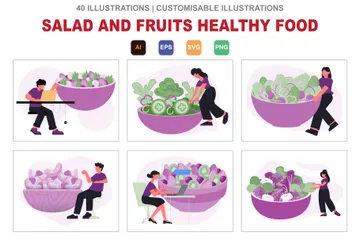 Salad And Fruits Healthy Food Illustration Pack