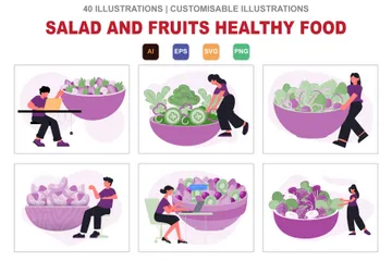 Salada e Frutas Comida Saudável Illustration Pack