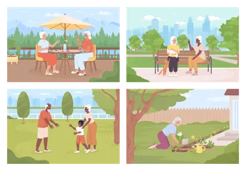 Seniors Spending Time Outdoors Illustration Pack