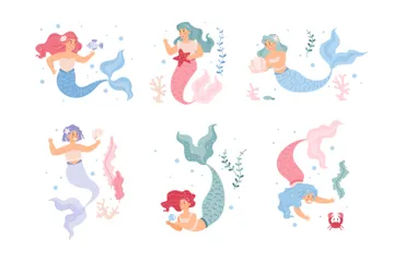 Sirenas jugando con habitantes del mar y peces Paquete de Ilustraciones