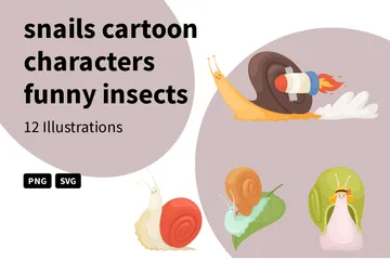 달팽이 만화 캐릭터 재미있는 곤충 동물 일러스트레이션 팩