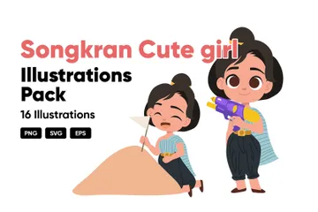 Songkran Linda Garota Pacote de Ilustrações