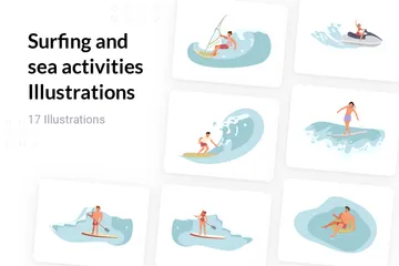 Surf Y Actividades En El Mar Paquete de Ilustraciones