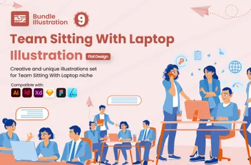 Team Sitting With Laptop Illustration Pack