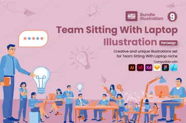 Team Sitting With Laptop Illustration Pack