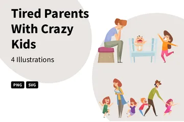 Tired Parents With Crazy Kids Illustration Pack