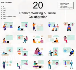 Trabajo remoto y colaboración en línea Paquete de Ilustraciones