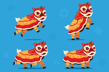 Traditional Chinese Lion Dance Character Illustration Pack