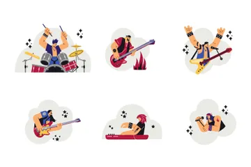 Vector Isolated Set Of Rock Band Musicians, Guitar Player, Pianist, Vocalist And Drummer Playing Rock Music In Disproportionate Characters Illustration Pack