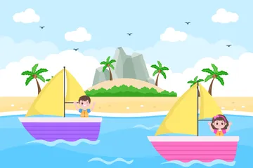 Bateau à voile avec mer Pack d'Illustrations