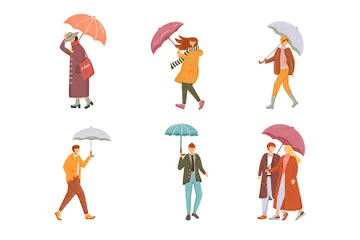 Walking People With Umbrellas Illustration Pack