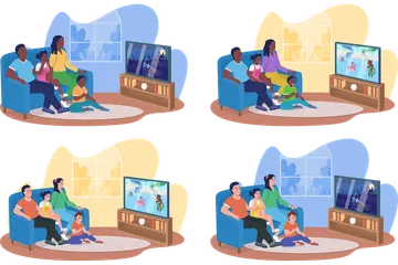 Watching Tv With Family Illustration Pack