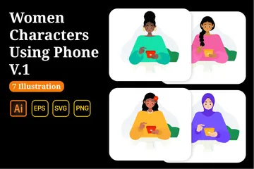 Women Characters Using Phone Illustration Pack