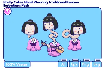 Yokai-Geistermädchen im traditionellen Kimono Illustrationspack