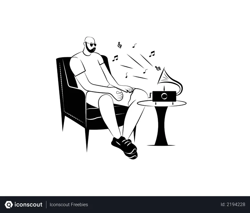 Bald man listening to gramophone Illustration