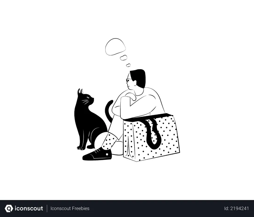 Boy waiting with cat Illustration