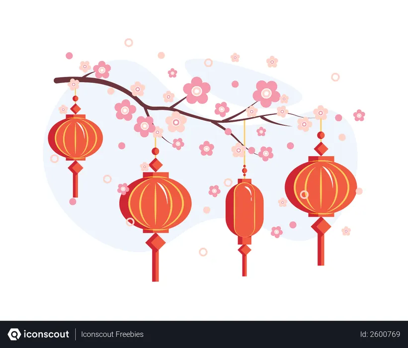 Free Chinese Lantern hanging on a tree branch of flowers  Illustration