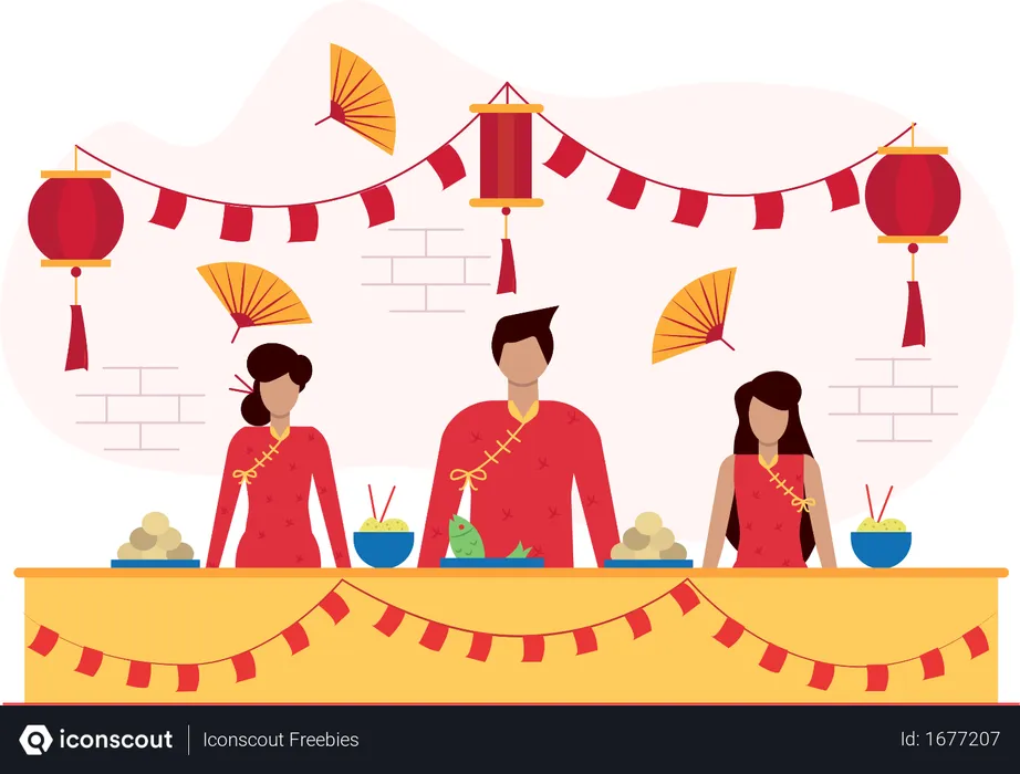 Free Chinese people selling traditional meal on food stall  Illustration