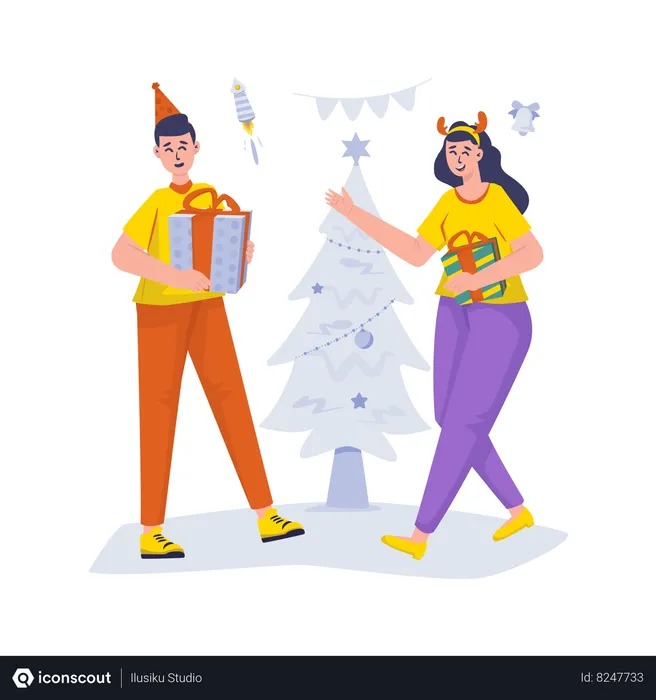 Free Couple exchange gift celebrates christmas  Illustration