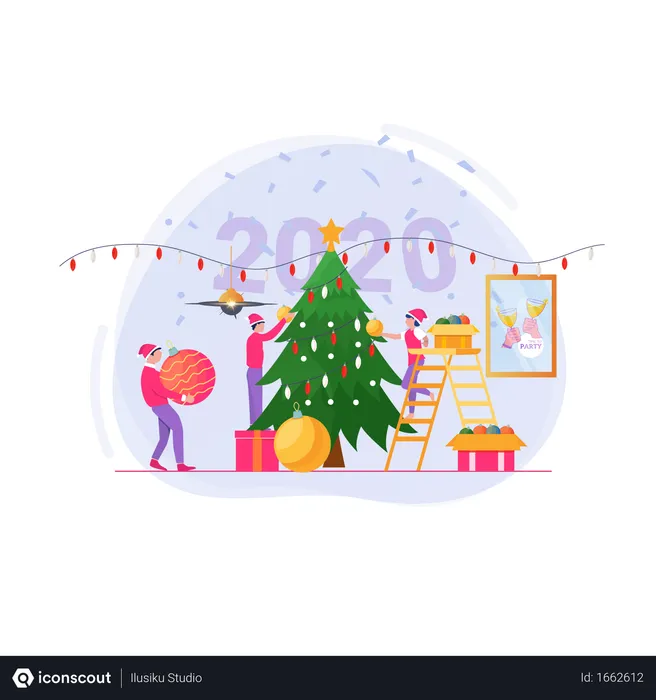 Free Decorating a Christmas tree with family  Illustration