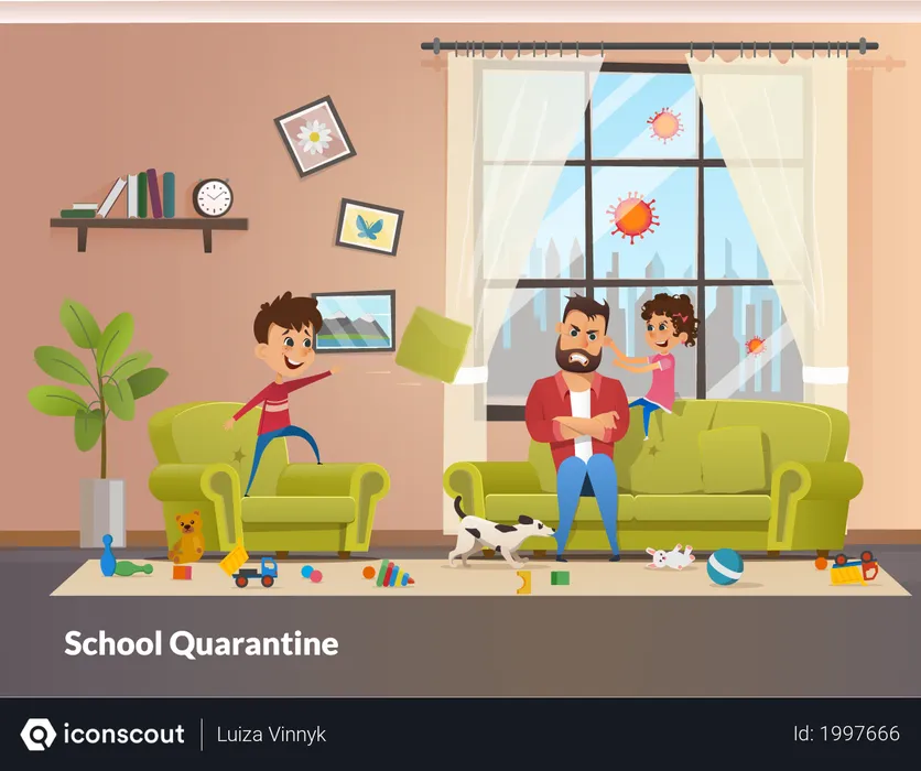 Free Father Sits with Children Home School Quarantine  Illustration