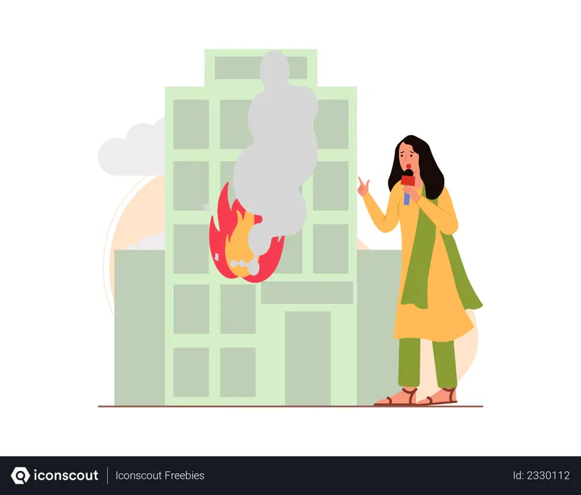Free Female news reporter reporting fire incident  Illustration