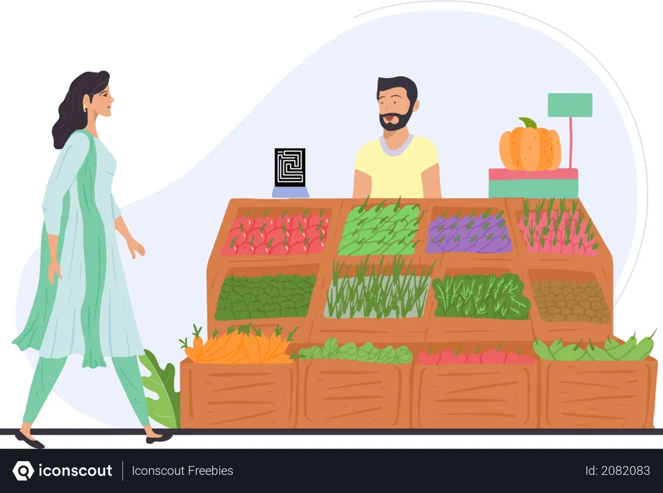 Free Girl visiting indian vegetable vendor for buying vegetables  Illustration