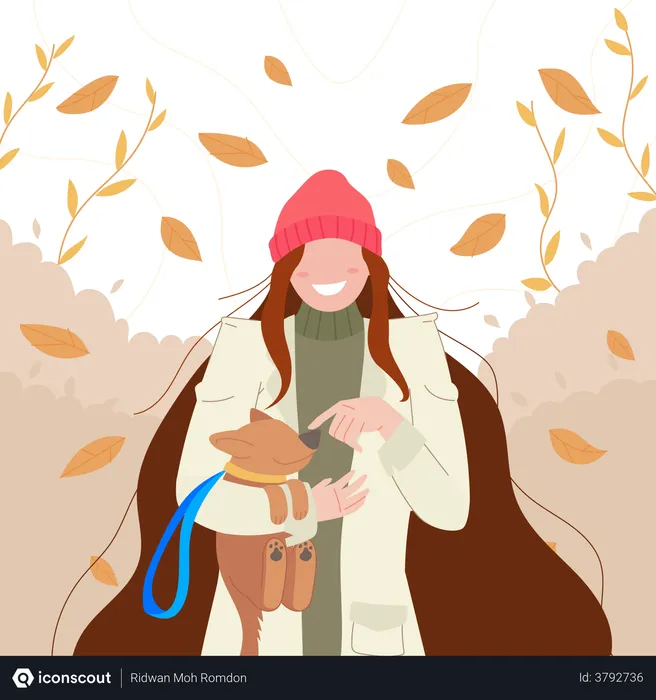 Free Girl walk in autumn with her dog  Illustration