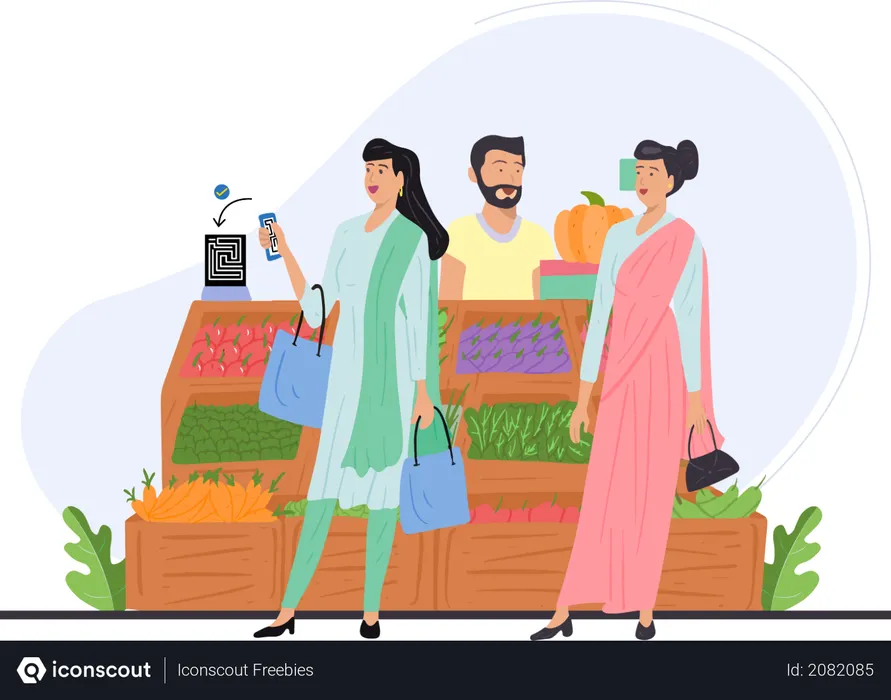 Free Indian girl paying vegetable bill through phone  Illustration