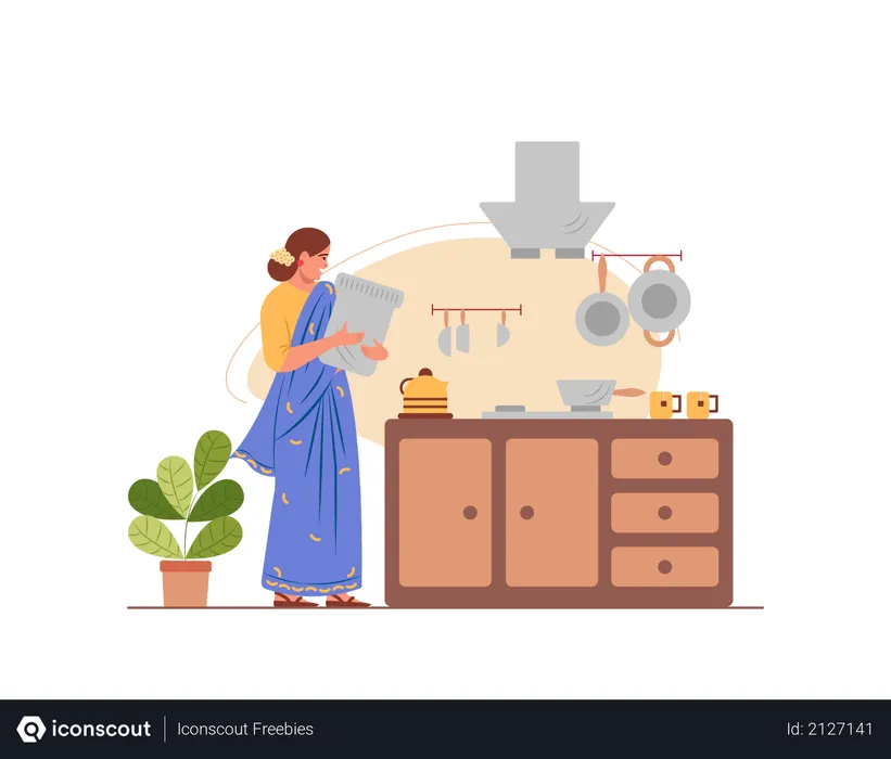 Free Indian housewife working in the kitchen  Illustration