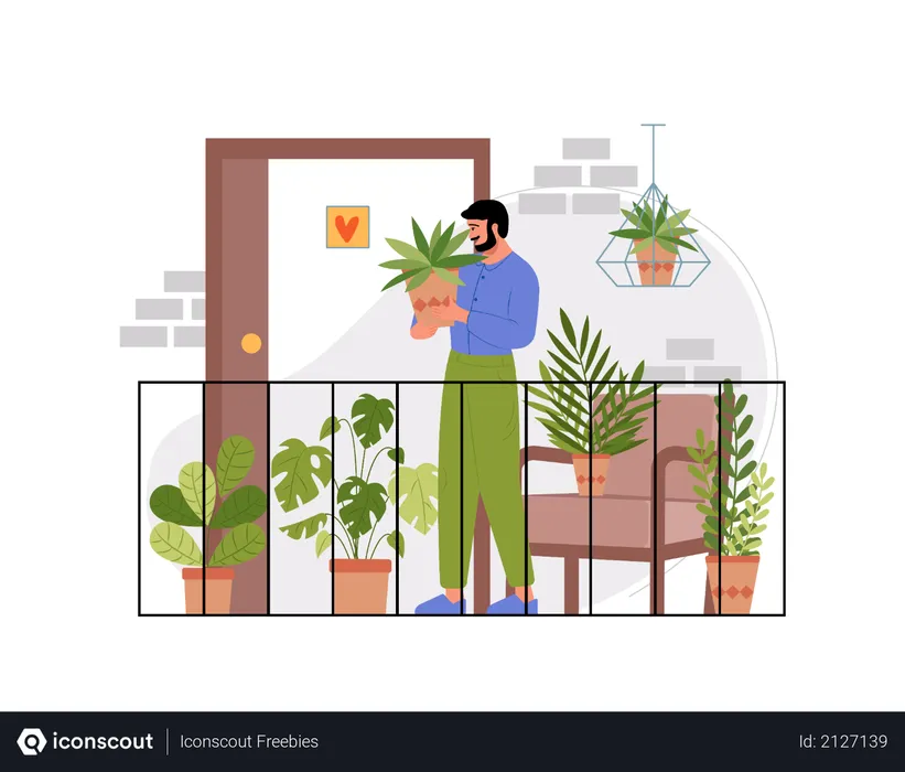 Free Indian man holding plant at the balcony of his house  Illustration