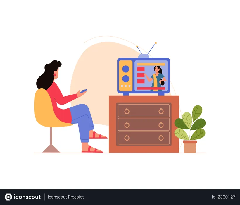 Free Indian woman watching news on TV  Illustration