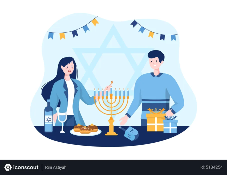 Free Jewish couple lighting hanukkah candle  Illustration