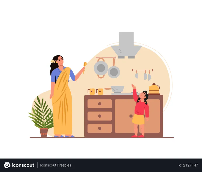 Free Lady cooking food with his kid  Illustration